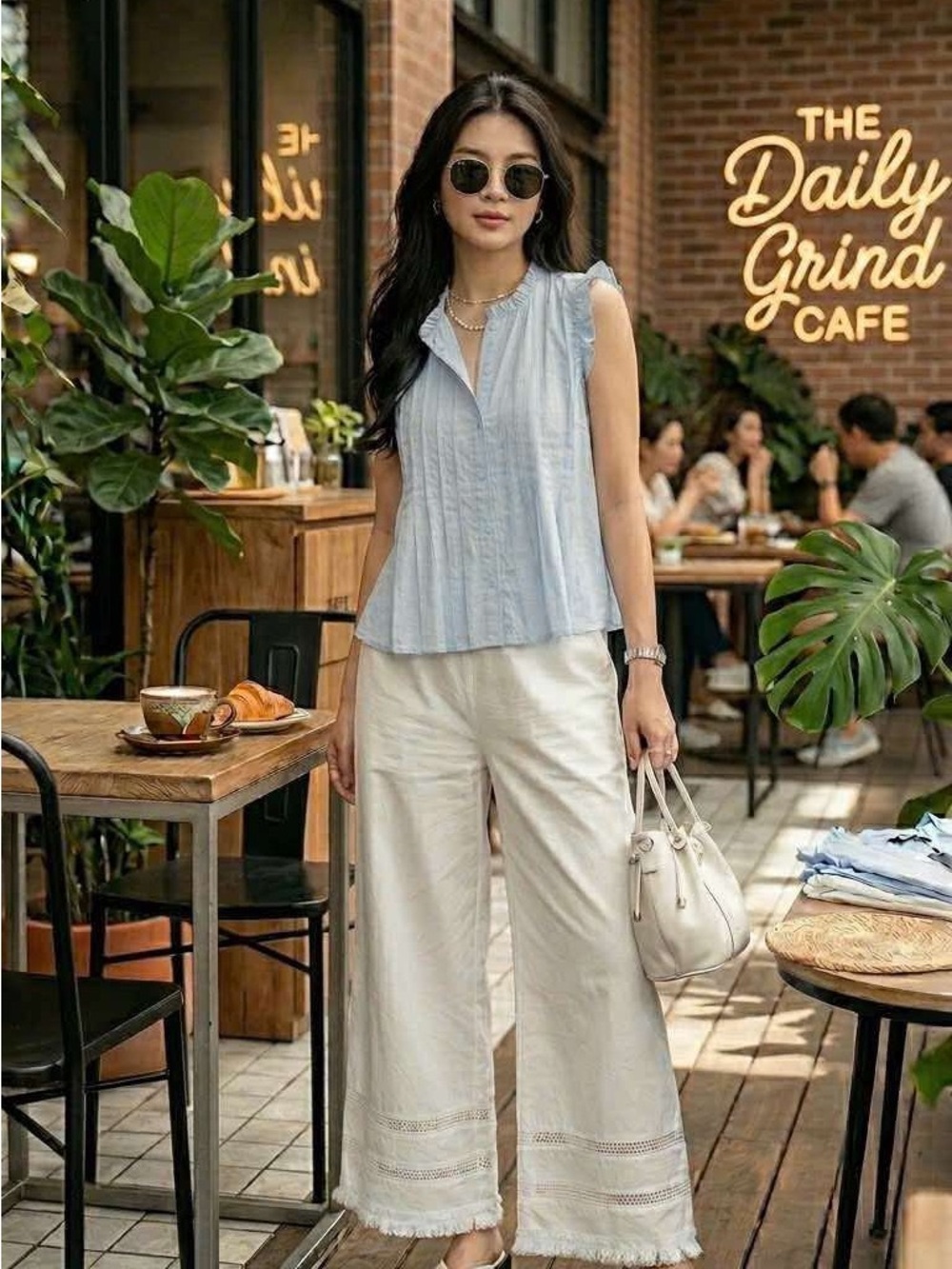 Karl Lagerfeld Light Blue Ruffled Sleeveless Top ( come with sets)